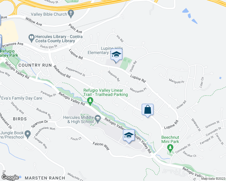 map of restaurants, bars, coffee shops, grocery stores, and more near 103 Sequoia Road in Hercules