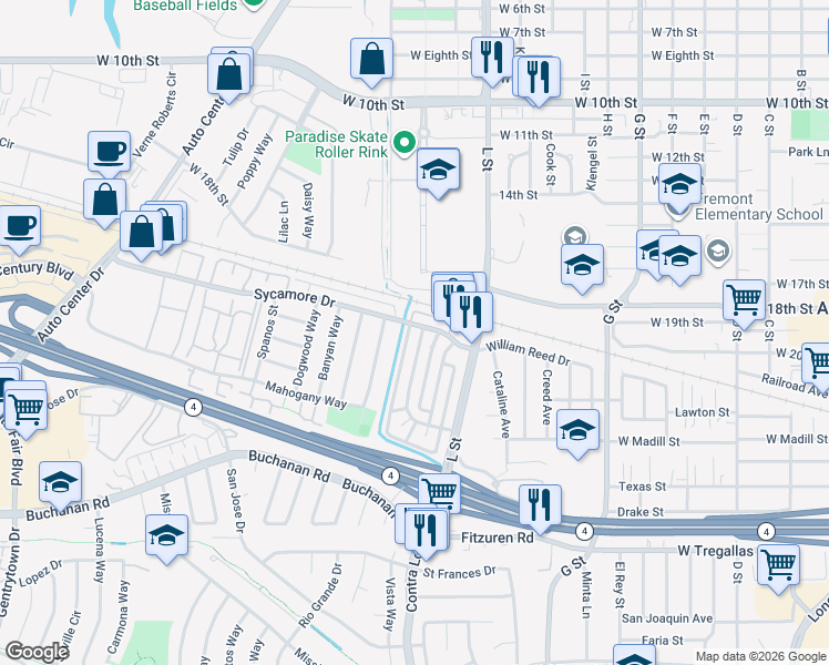 map of restaurants, bars, coffee shops, grocery stores, and more near 2100 Lemontree Way in Antioch