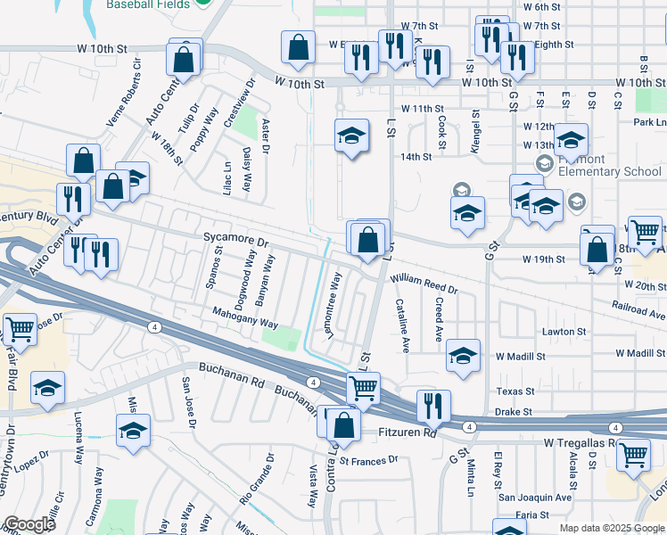 map of restaurants, bars, coffee shops, grocery stores, and more near 2100 Lemontree Way in Antioch