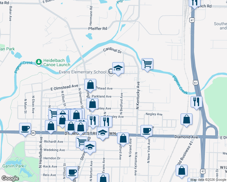 map of restaurants, bars, coffee shops, grocery stores, and more near 829 E Olmstead Ave in Evansville