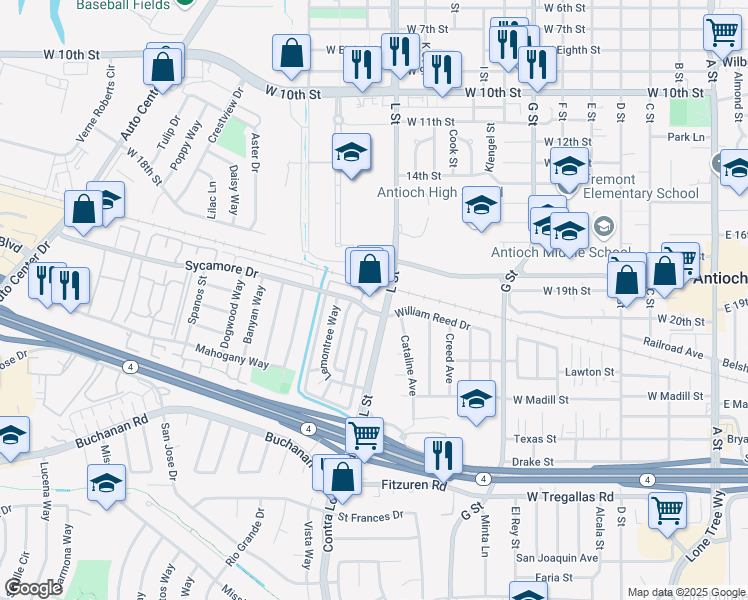 map of restaurants, bars, coffee shops, grocery stores, and more near 1076 Sycamore Drive in Antioch