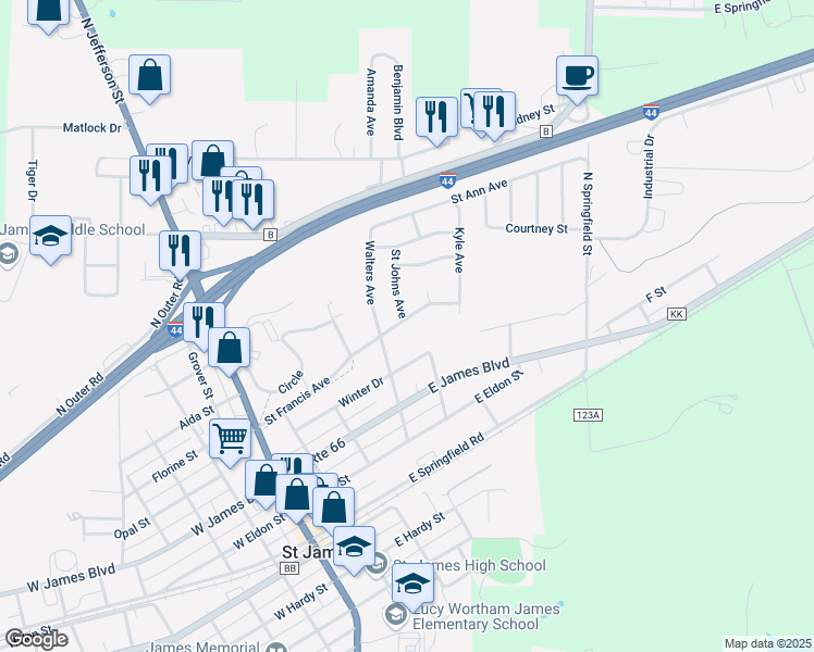 map of restaurants, bars, coffee shops, grocery stores, and more near 414 Saint Francis Avenue in Saint James