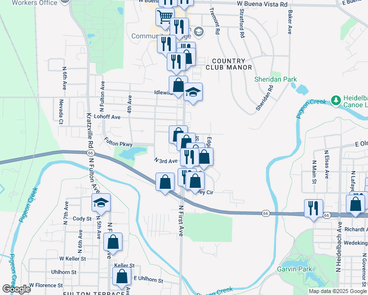 map of restaurants, bars, coffee shops, grocery stores, and more near 2729 North First Avenue in Evansville