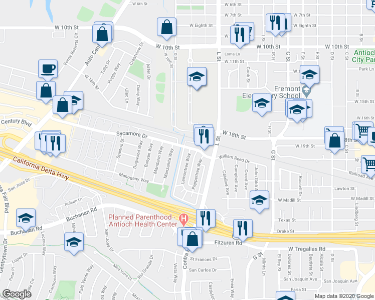 map of restaurants, bars, coffee shops, grocery stores, and more near 2104 Lemontree Way in Antioch