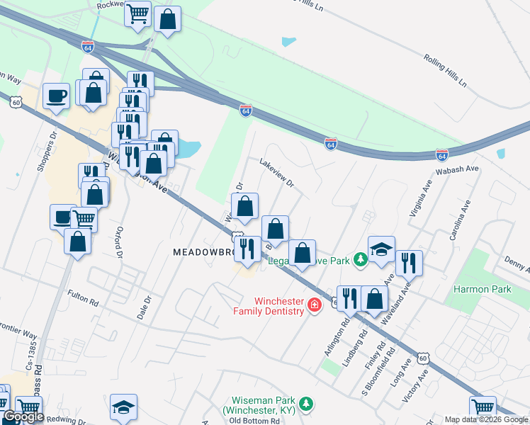 map of restaurants, bars, coffee shops, grocery stores, and more near 112 Windsor Drive in Winchester