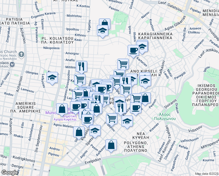 map of restaurants, bars, coffee shops, grocery stores, and more near in Athina
