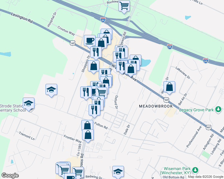 map of restaurants, bars, coffee shops, grocery stores, and more near 229 Oxford Drive in Winchester