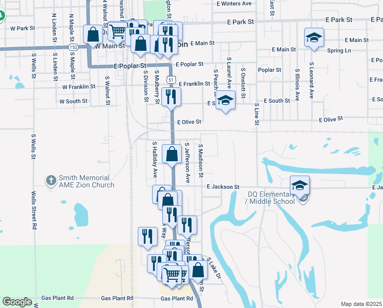 map of restaurants, bars, coffee shops, grocery stores, and more near 501-599 South Jefferson Avenue in Du Quoin