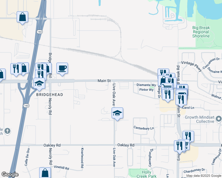 map of restaurants, bars, coffee shops, grocery stores, and more near 5425 Live Oak Avenue in Oakley