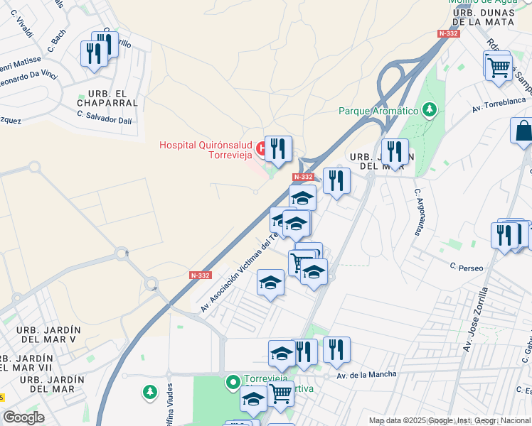 map of restaurants, bars, coffee shops, grocery stores, and more near 7 Calle Cecilio Gallego Alaminos in Torrevieja