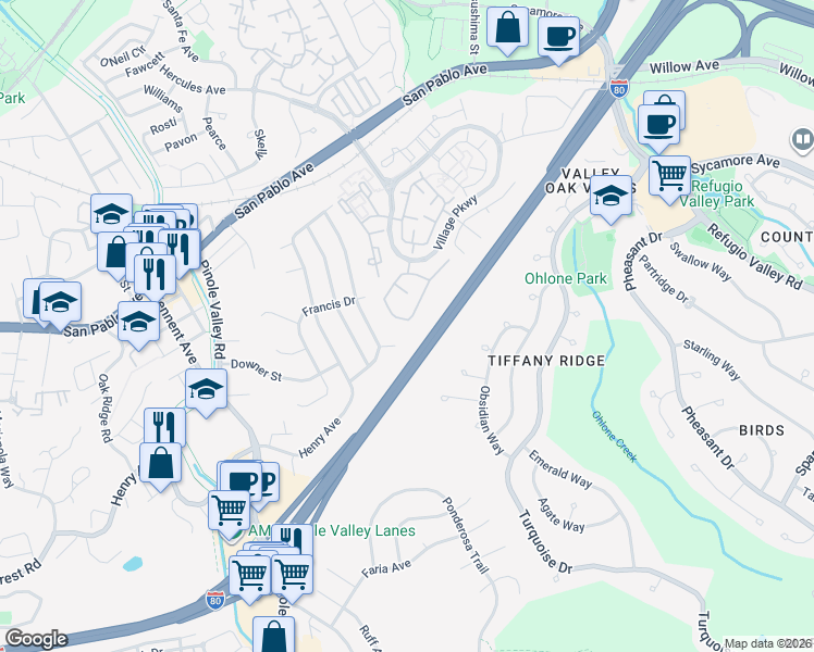 map of restaurants, bars, coffee shops, grocery stores, and more near 2808 Robert Court in Pinole