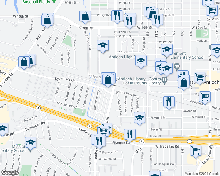 map of restaurants, bars, coffee shops, grocery stores, and more near 1076 Sycamore Drive in Antioch