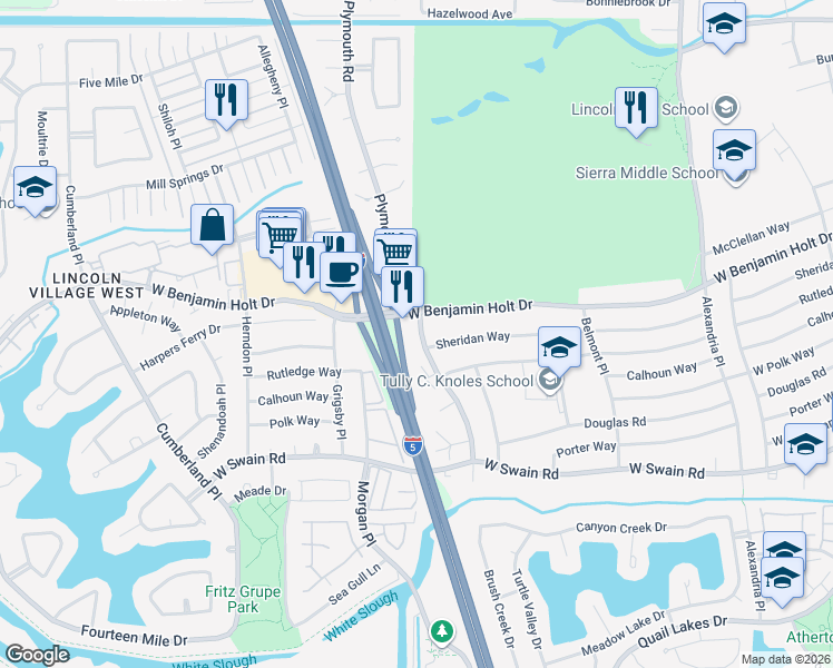 map of restaurants, bars, coffee shops, grocery stores, and more near 6629 Plymouth Road in Stockton