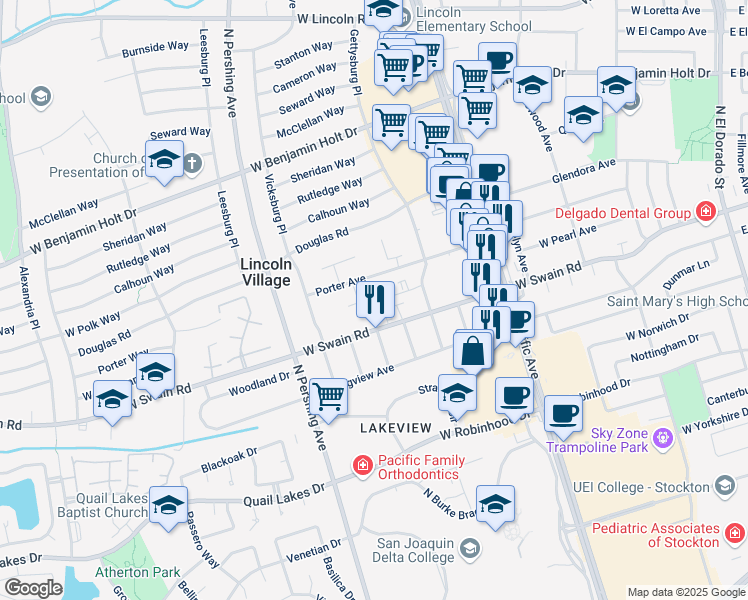 map of restaurants, bars, coffee shops, grocery stores, and more near 1108 Porter Avenue in Stockton