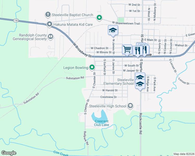 map of restaurants, bars, coffee shops, grocery stores, and more near 508 South Chester Street in Steeleville