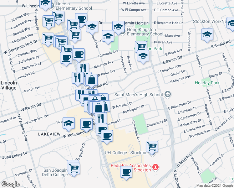 map of restaurants, bars, coffee shops, grocery stores, and more near 214 West Longview Avenue in Stockton