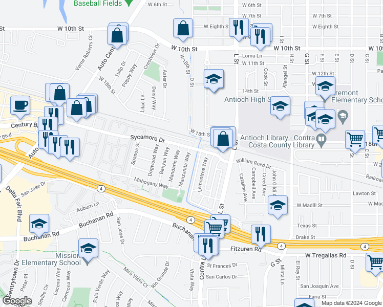 map of restaurants, bars, coffee shops, grocery stores, and more near 2105 Manzanita Way in Antioch