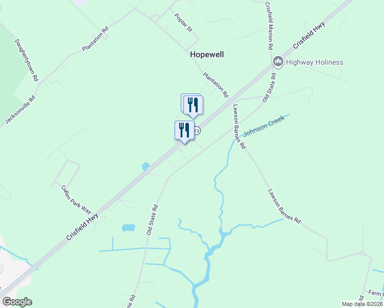 map of restaurants, bars, coffee shops, grocery stores, and more near 26934 Old State Road in Crisfield
