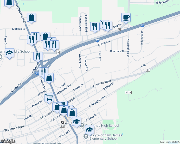 map of restaurants, bars, coffee shops, grocery stores, and more near 422 Saint Francis Avenue in Saint James