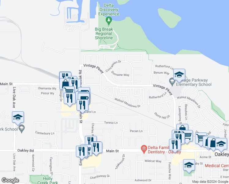 map of restaurants, bars, coffee shops, grocery stores, and more near 5430 Sunset Meadows Lane in Oakley