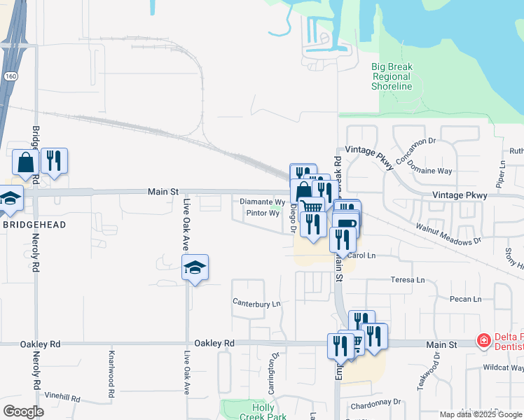 map of restaurants, bars, coffee shops, grocery stores, and more near 3633 Main Street in Oakley