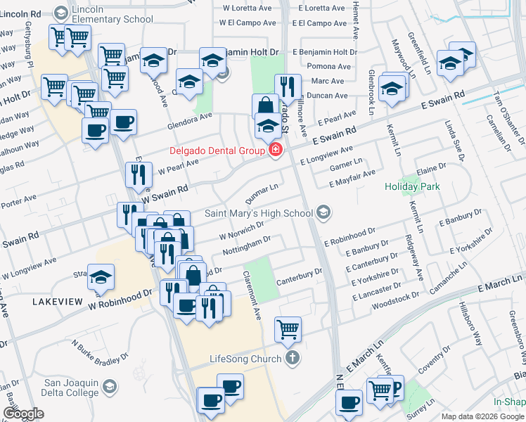 map of restaurants, bars, coffee shops, grocery stores, and more near 20 West Mayfair Avenue in Stockton