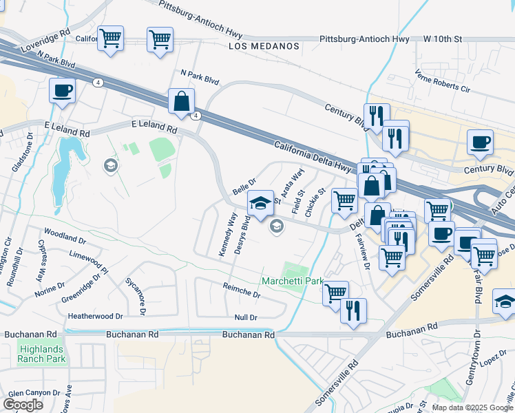 map of restaurants, bars, coffee shops, grocery stores, and more near 4332 Delta Fair Boulevard in Antioch