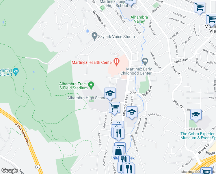 map of restaurants, bars, coffee shops, grocery stores, and more near 2760 Geneva Street in Martinez
