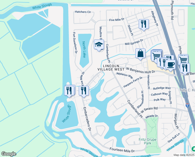 map of restaurants, bars, coffee shops, grocery stores, and more near 3722 West Benjamin Holt Drive in Stockton