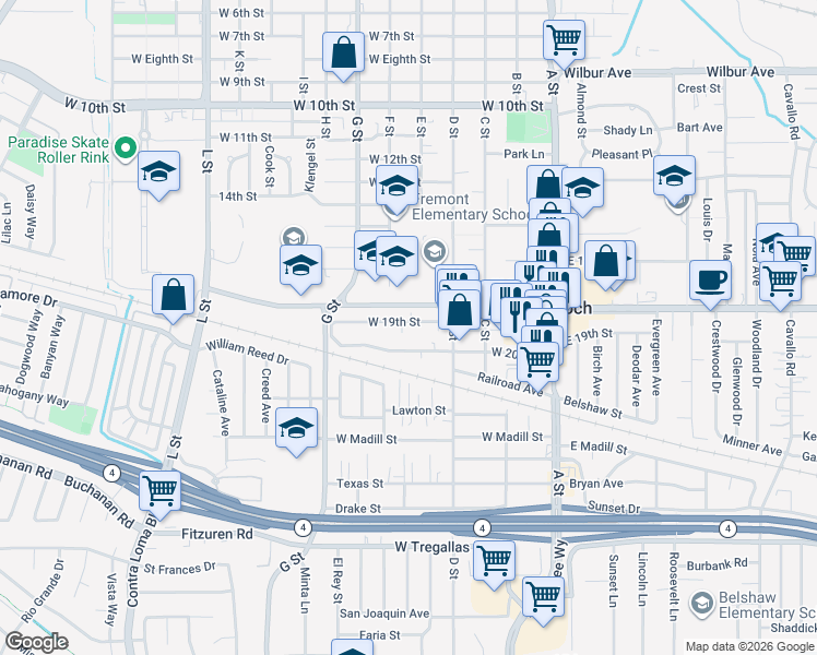 map of restaurants, bars, coffee shops, grocery stores, and more near 412 West 20th Street in Antioch