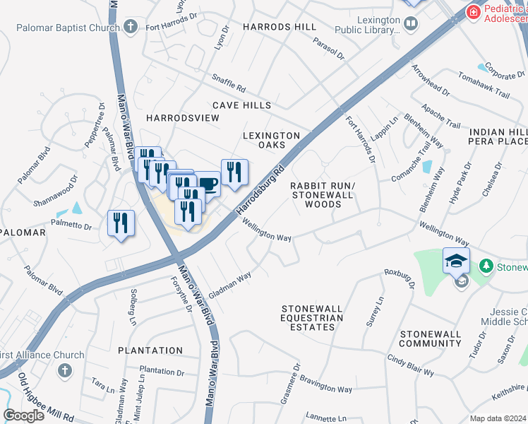 map of restaurants, bars, coffee shops, grocery stores, and more near 3601 Rabbits Foot Trail in Lexington