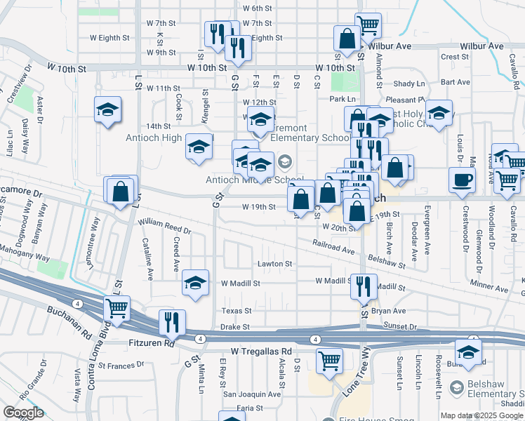map of restaurants, bars, coffee shops, grocery stores, and more near 419 West 19th Street in Antioch