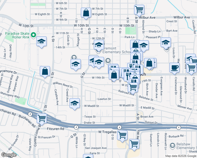 map of restaurants, bars, coffee shops, grocery stores, and more near 423 West 19th Street in Antioch