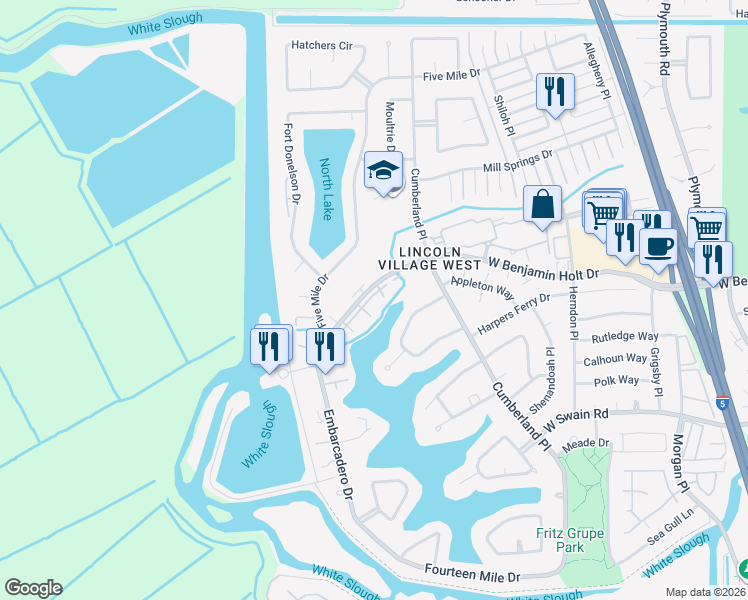 map of restaurants, bars, coffee shops, grocery stores, and more near 3720 West Benjamin Holt Drive in Stockton