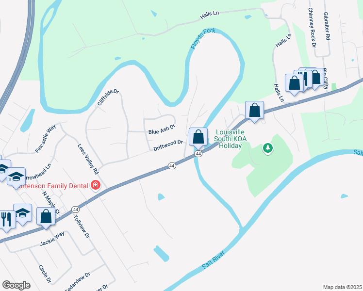 map of restaurants, bars, coffee shops, grocery stores, and more near 119 Driftwood Drive in Shepherdsville