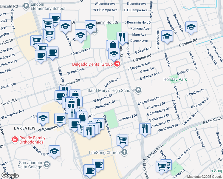 map of restaurants, bars, coffee shops, grocery stores, and more near 20 West Mayfair Avenue in Stockton