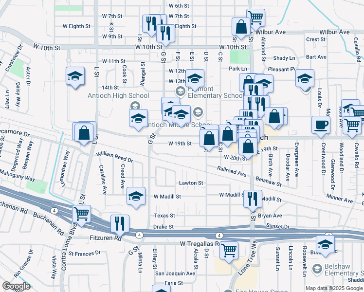 map of restaurants, bars, coffee shops, grocery stores, and more near 419 West 19th Street in Antioch
