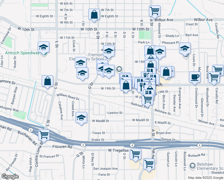 map of restaurants, bars, coffee shops, grocery stores, and more near 412 West 20th Street in Antioch