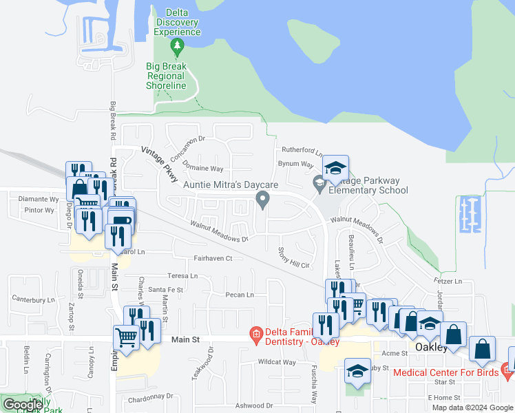 map of restaurants, bars, coffee shops, grocery stores, and more near 5378 Sunrise Meadows Lane in Oakley