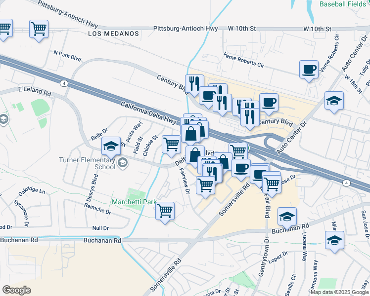 map of restaurants, bars, coffee shops, grocery stores, and more near 3700 Delta Fair Boulevard in Antioch