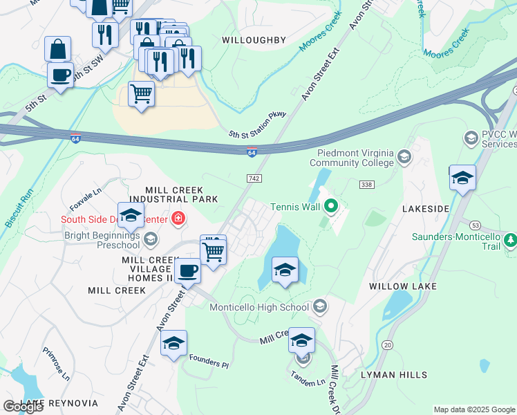 map of restaurants, bars, coffee shops, grocery stores, and more near 1225 Swan Lake Drive in Charlottesville