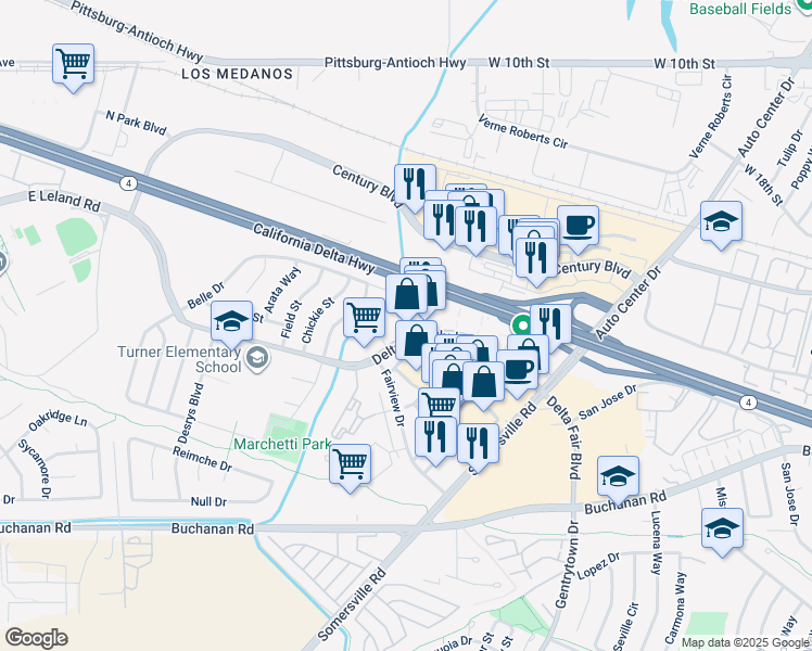 map of restaurants, bars, coffee shops, grocery stores, and more near 3700 Delta Fair Blvd in Antioch