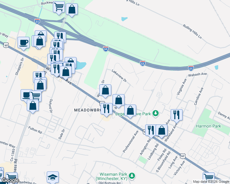 map of restaurants, bars, coffee shops, grocery stores, and more near 112 Windsor Drive in Winchester