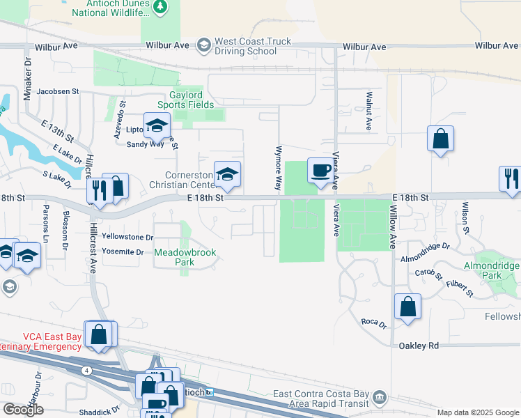 map of restaurants, bars, coffee shops, grocery stores, and more near 1800 Strasbourg Lane in Antioch