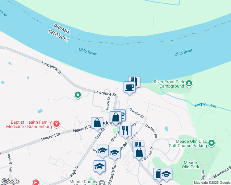 map of restaurants, bars, coffee shops, grocery stores, and more near 206 Lawrence Street in Brandenburg