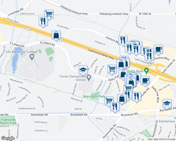 map of restaurants, bars, coffee shops, grocery stores, and more near 4305 Silva Street in Antioch
