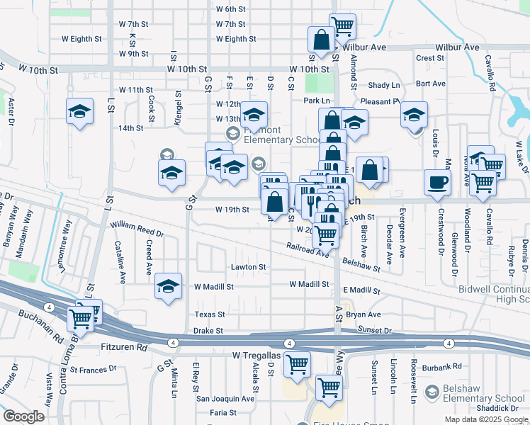 map of restaurants, bars, coffee shops, grocery stores, and more near 307 West 19th Street in Antioch