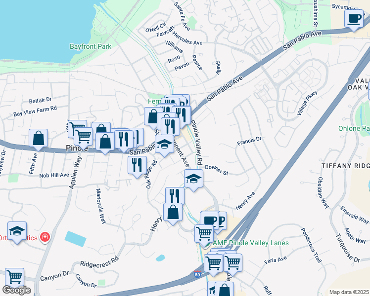 map of restaurants, bars, coffee shops, grocery stores, and more near 2367 Plum Street in Pinole