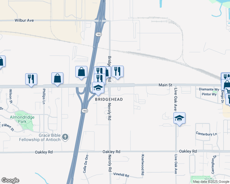 map of restaurants, bars, coffee shops, grocery stores, and more near 5400 Neroly Road in Oakley