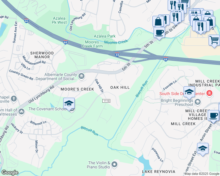 map of restaurants, bars, coffee shops, grocery stores, and more near 404 Woodhaven Court in Charlottesville